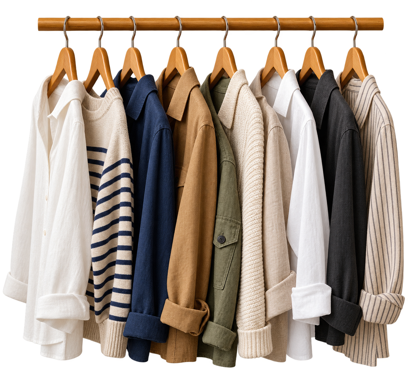 Versatile clothing pieces for a timeless capsule wardrobe.
