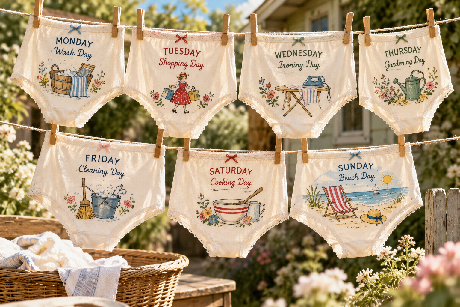 Days-of-the-week undies, each with its own little picture — a playful reminder of the idea behind my first business venture.