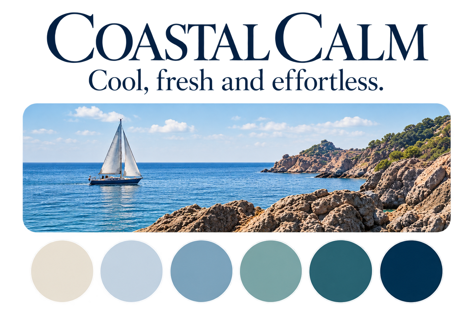 “Sailing boat off a rocky coastal landscape with soft blue water and a calm coastal atmosphere.”