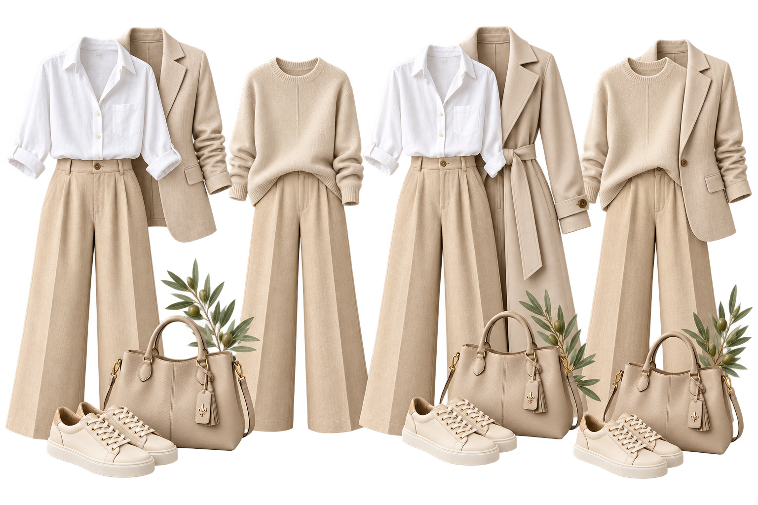 Four versatile capsule wardrobe outfits in neutral tones.