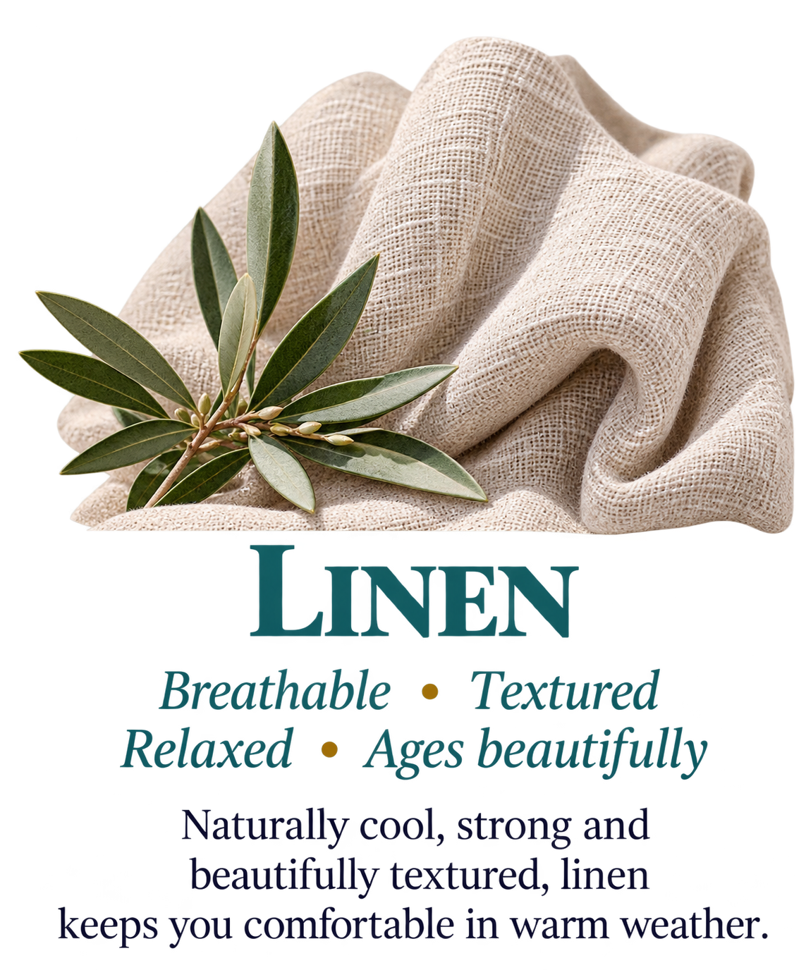 Close-up of natural linen fabric showing its distinctive woven texture alongside fresh green foliage.