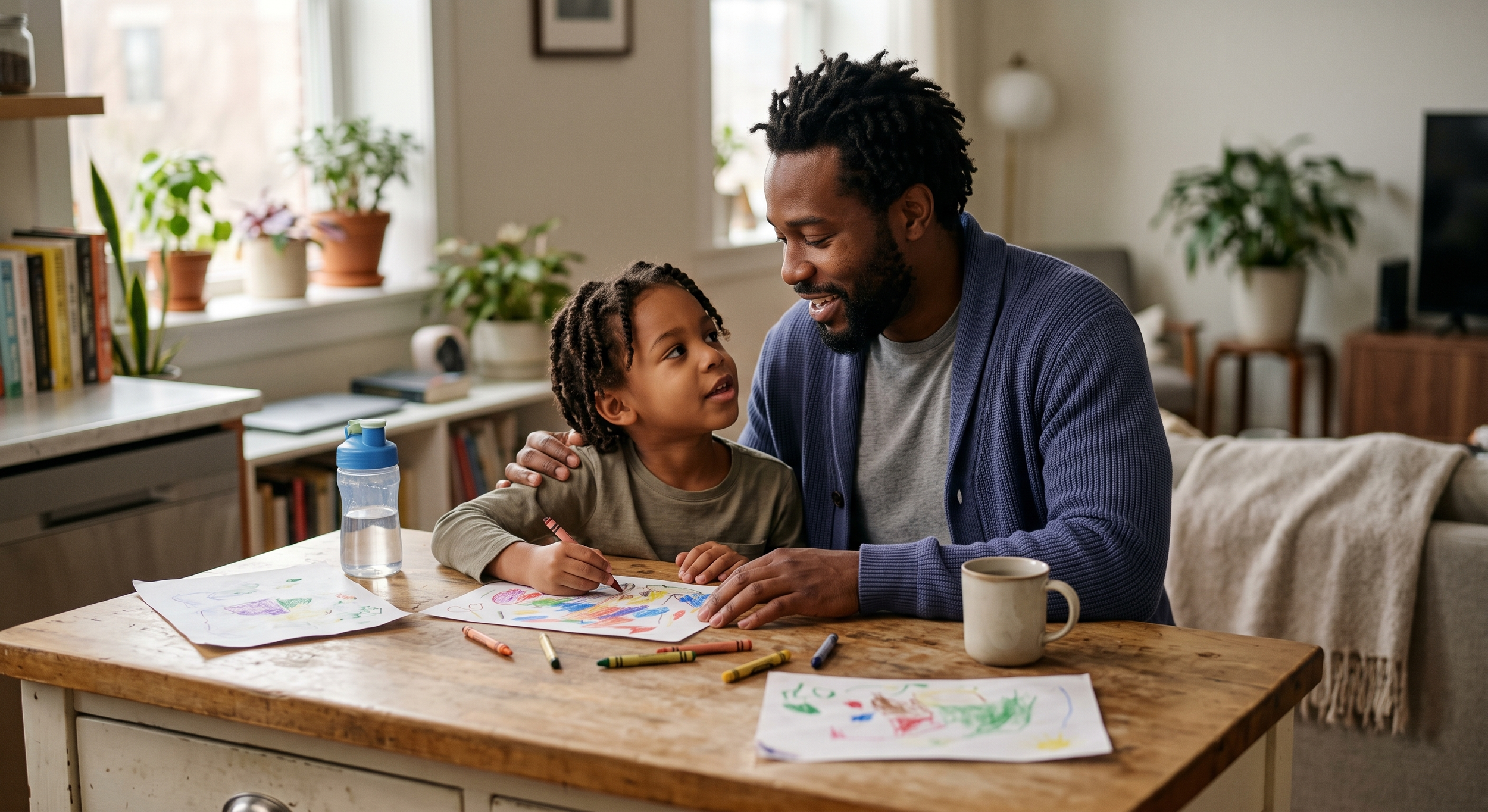 A man and young girl sit at a dining table, smiling at each other. The girl has colored drawings in front of her, and the man has his arm around her. The room has natural light, with potted plants on the windowsill and shelves.
