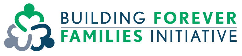 Logo for Building Forever Families Initiative featuring a stylized clover and text in green and blue.