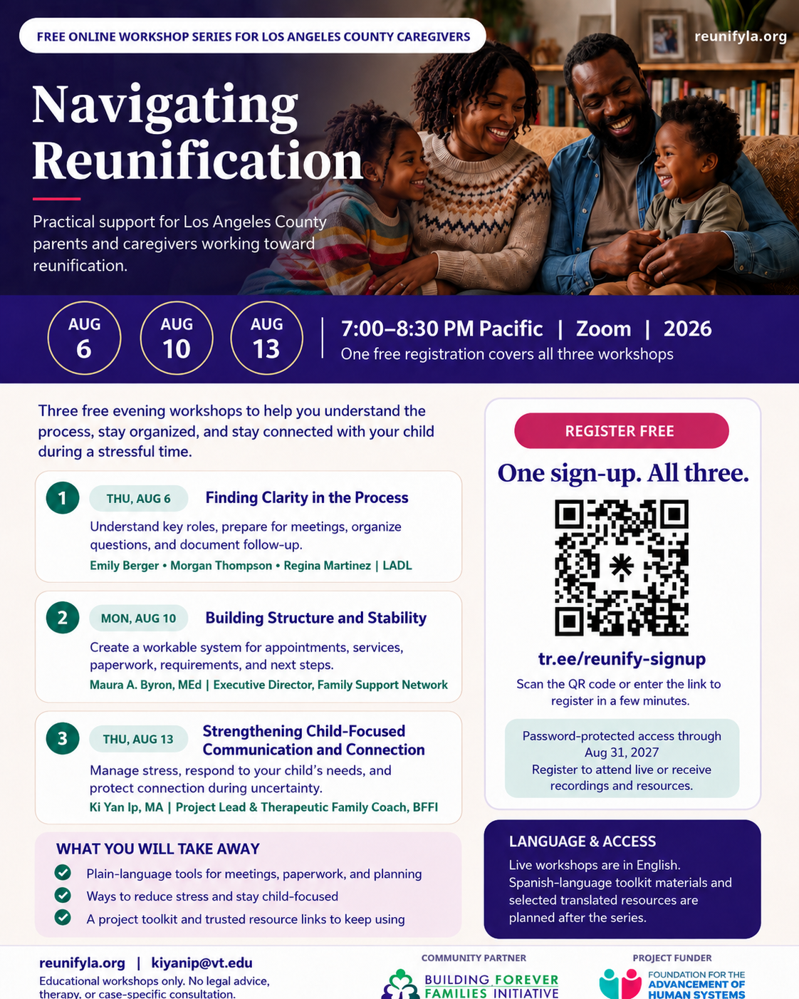 A flyer for a free online workshop series on navigating reunification for Los Angeles County caregivers, featuring a family smiling together on a sofa and details about dates, times, topics, speakers, and registration information.