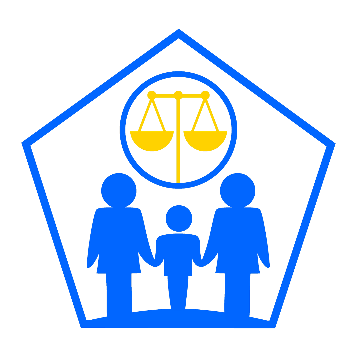 Graphic illustration of a family inside a blue house outline with a yellow scales of justice symbol above them.