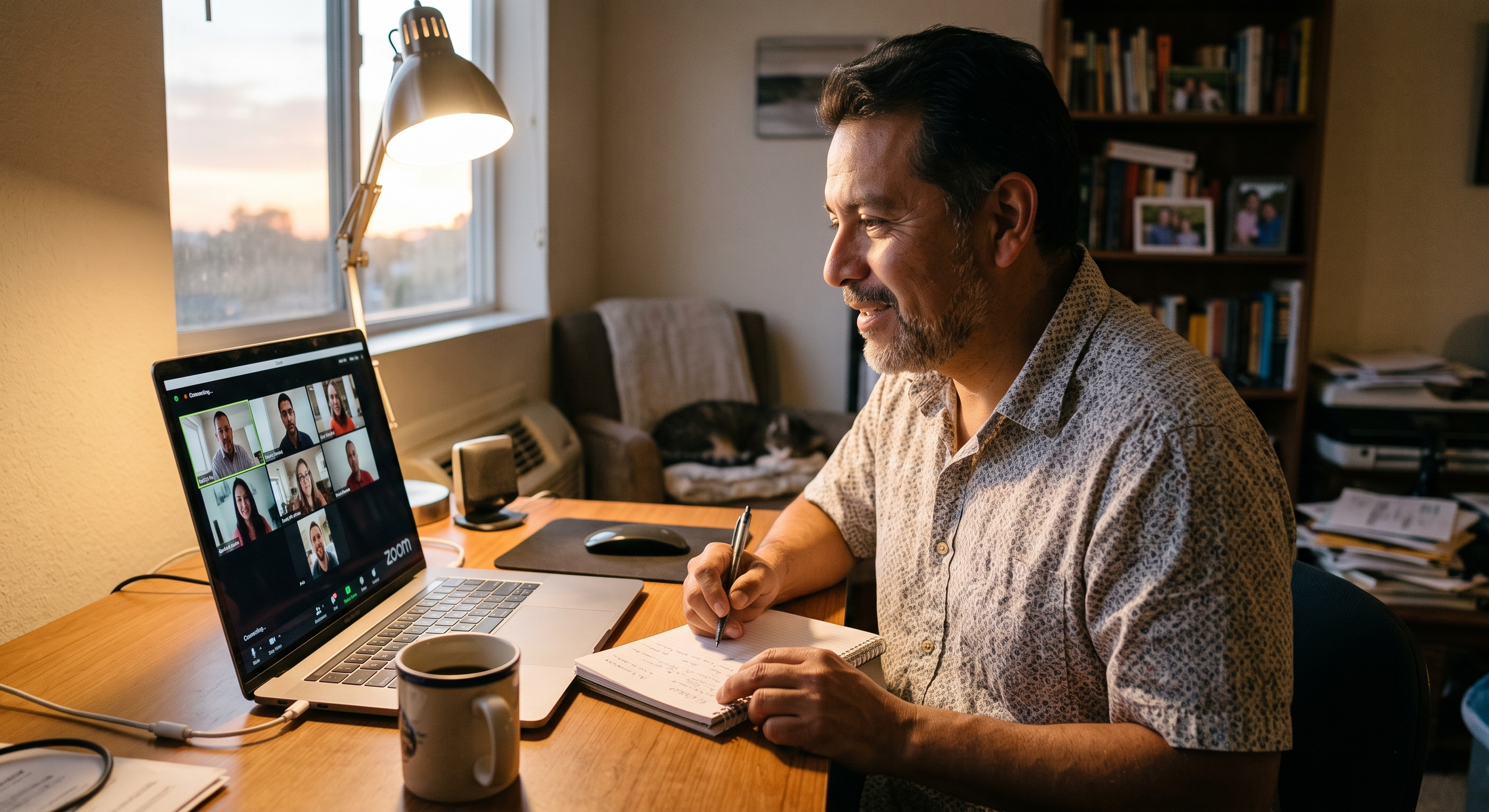 A man with dark hair and a beard sitting at a desk during a video conference call on his laptop, taking notes in a notebook, with a coffee mug on the desk and a bookshelf in the background.