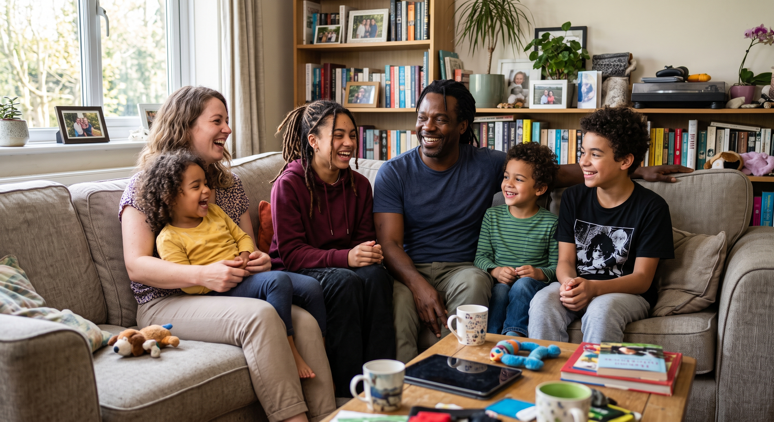 A diverse family laughing and enjoying each other's company on a beige couch in a living room with bookshelves and framed photos in the background. There are toys and cups on the table in front of them.