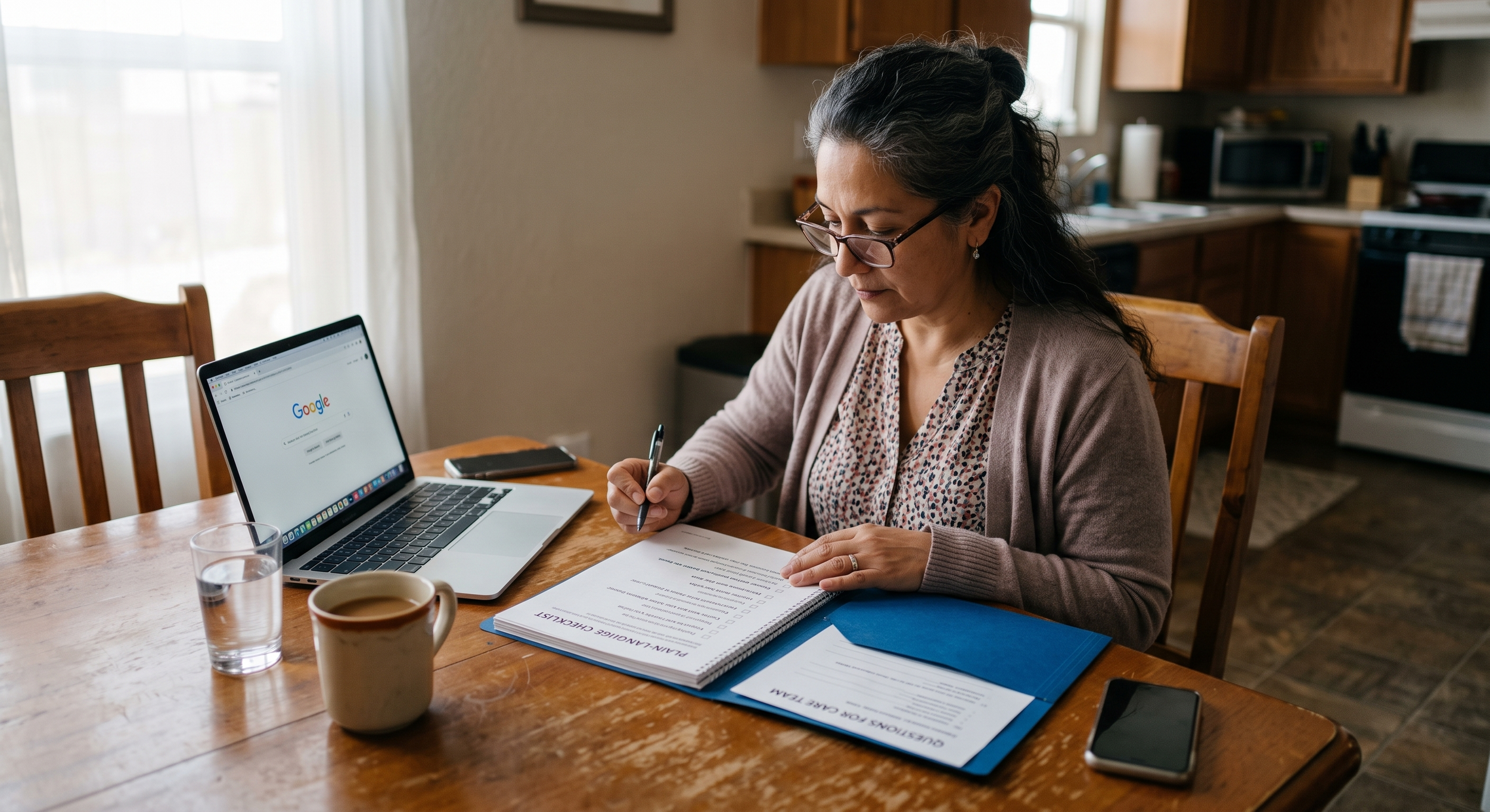 Woman with glasses working at a wooden dining table with a laptop, documents, a pen, a glass of water, a coffee mug, and a smartphone in a kitchen with wooden cabinets.
