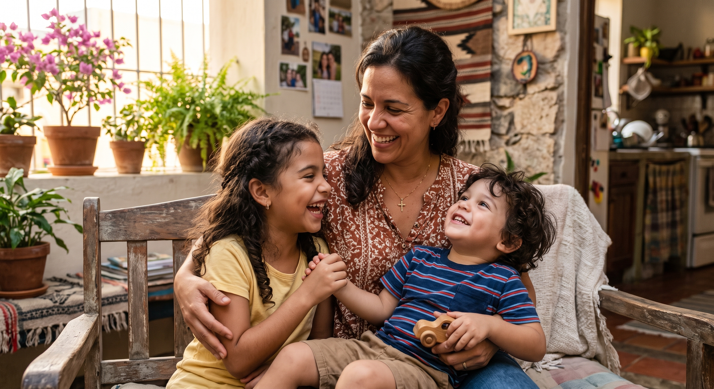 A woman with dark hair and a cross necklace smiling while sitting with two children with dark hair, one girl in a yellow shirt and one boy in a blue striped shirt, in a cozy indoor space decorated with potted plants, photos, and textiles.