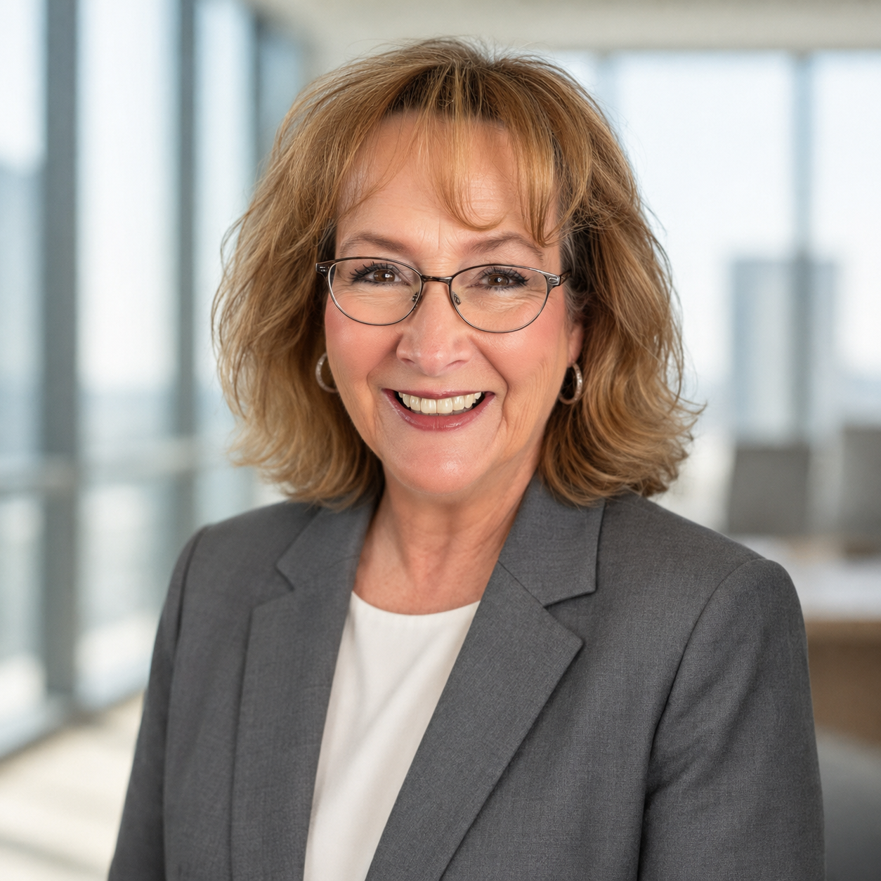 A smiling middle-aged woman with shoulder-length blond hair and glasses, wearing a gray blazer and white top, standing in a modern office with large windows in the background.
