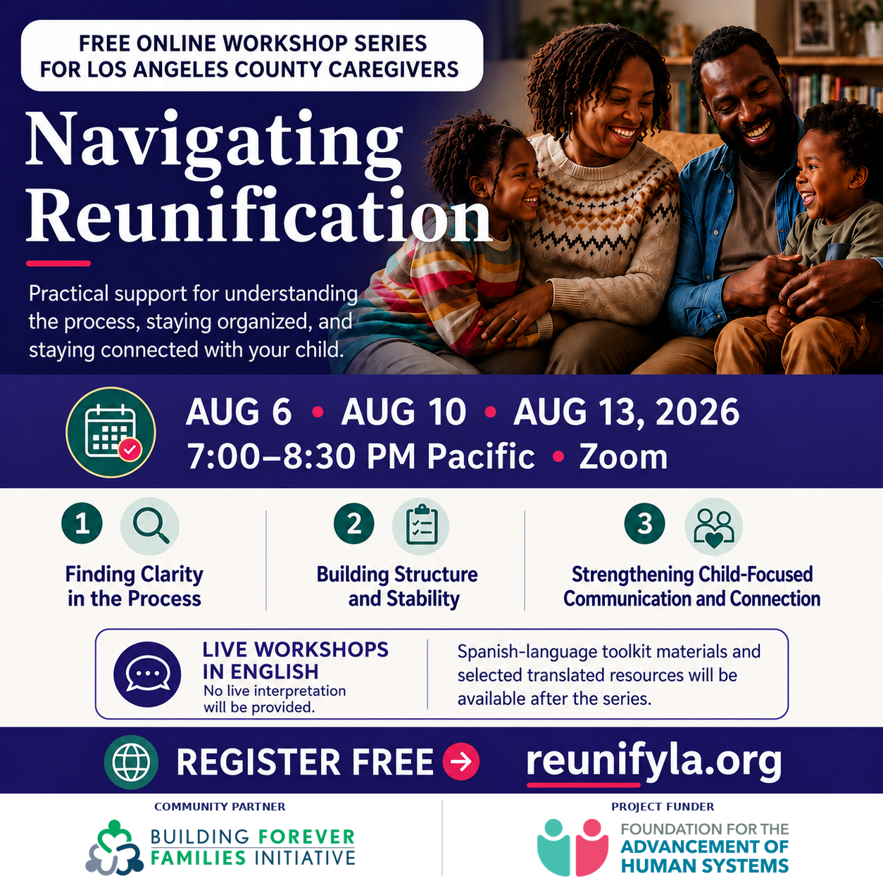 Poster for a free online workshop series titled" Navigating Reunification" for Los Angeles County caregivers, scheduled on August 6, August 10, and August 13, 2026, from 7:00 to 8:30 PM Pacific Time via Zoom. The poster includes a photo of a smiling family with two children, and details about workshop topics, live interpretation in English, registration at reunifyla.org, community partner Building Forever Families Initiative, and project funder Foundation for the Advancement of Human Systems.