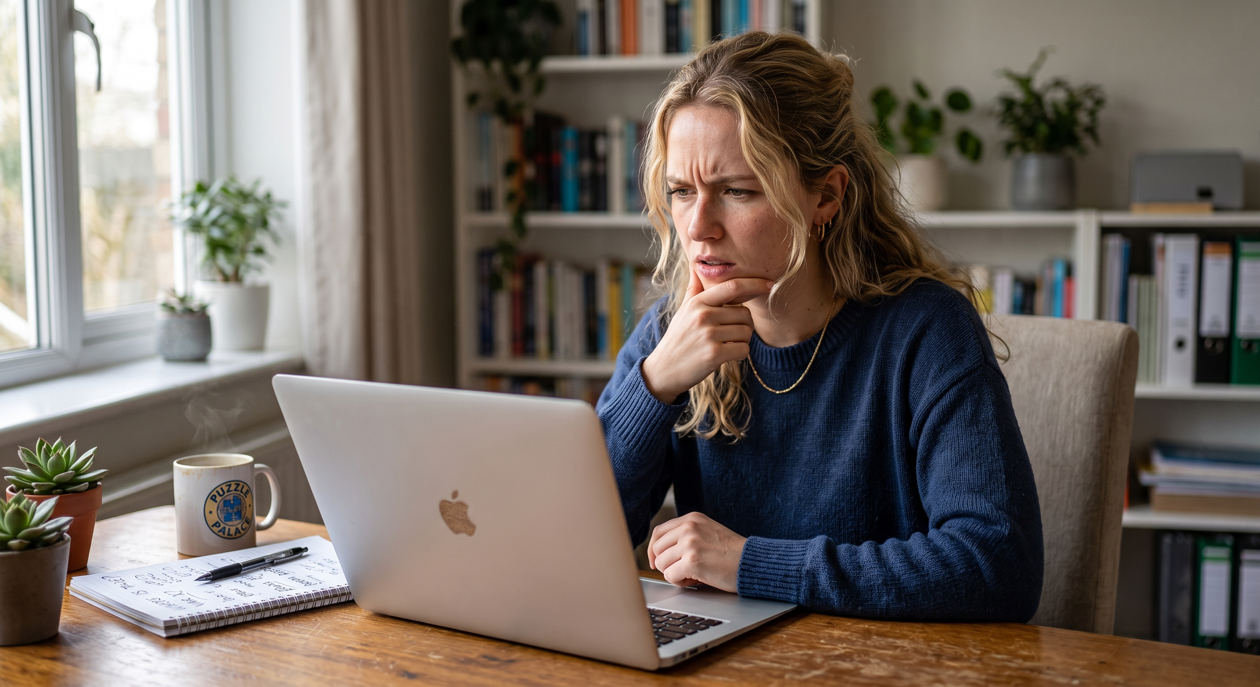 A woman with blonde curly hair looking at her laptop screen with a furrowed brow, sitting at a wooden desk with a notebook, pen, coffee mug, and small potted plants. In the background, there is a window, bookshelves, and indoor plants.