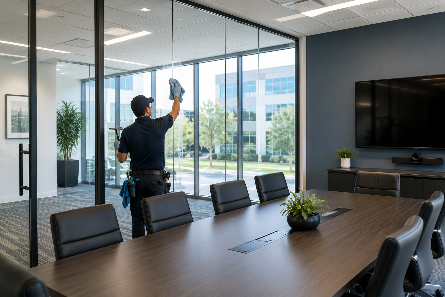 A maintenance worker cleaning glass windows in a modern conference room with a large wooden table and black leather chairs.