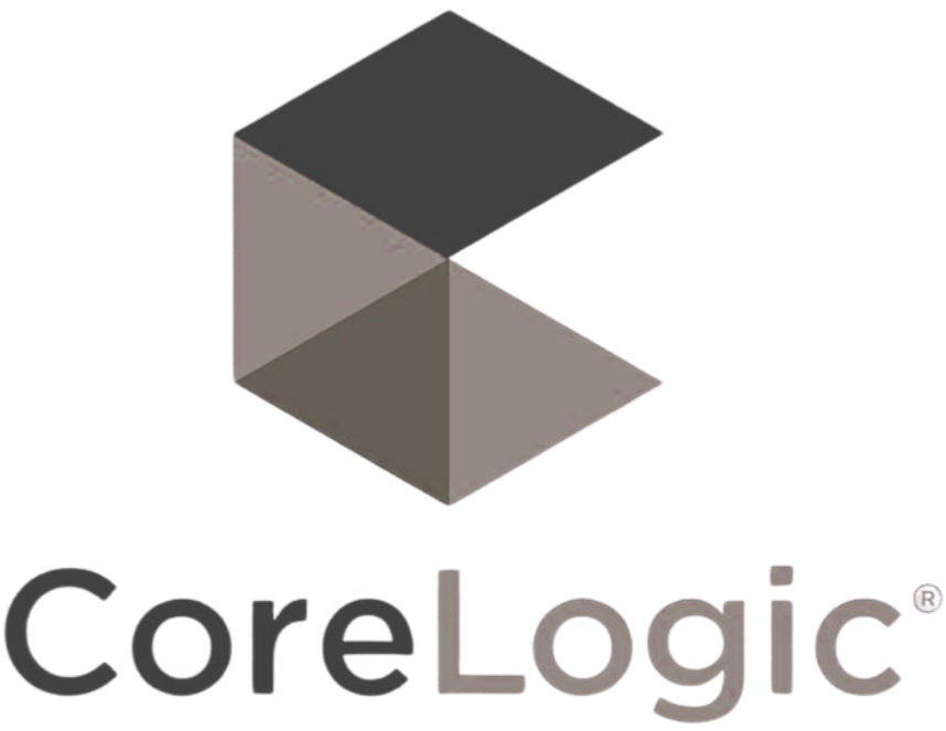 CoreLogic logo with a three-dimensional cube graphic in shades of gray and a red glowing base.