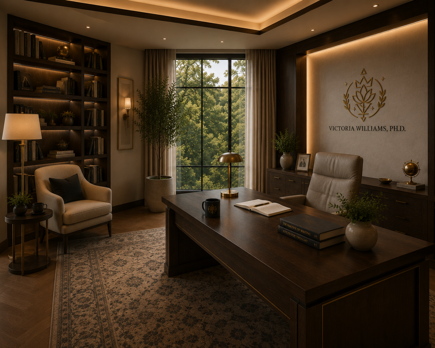 An elegant, well-lit office with a large wooden desk, leather chair, bookshelf filled with books, and a large window with a view of green trees.