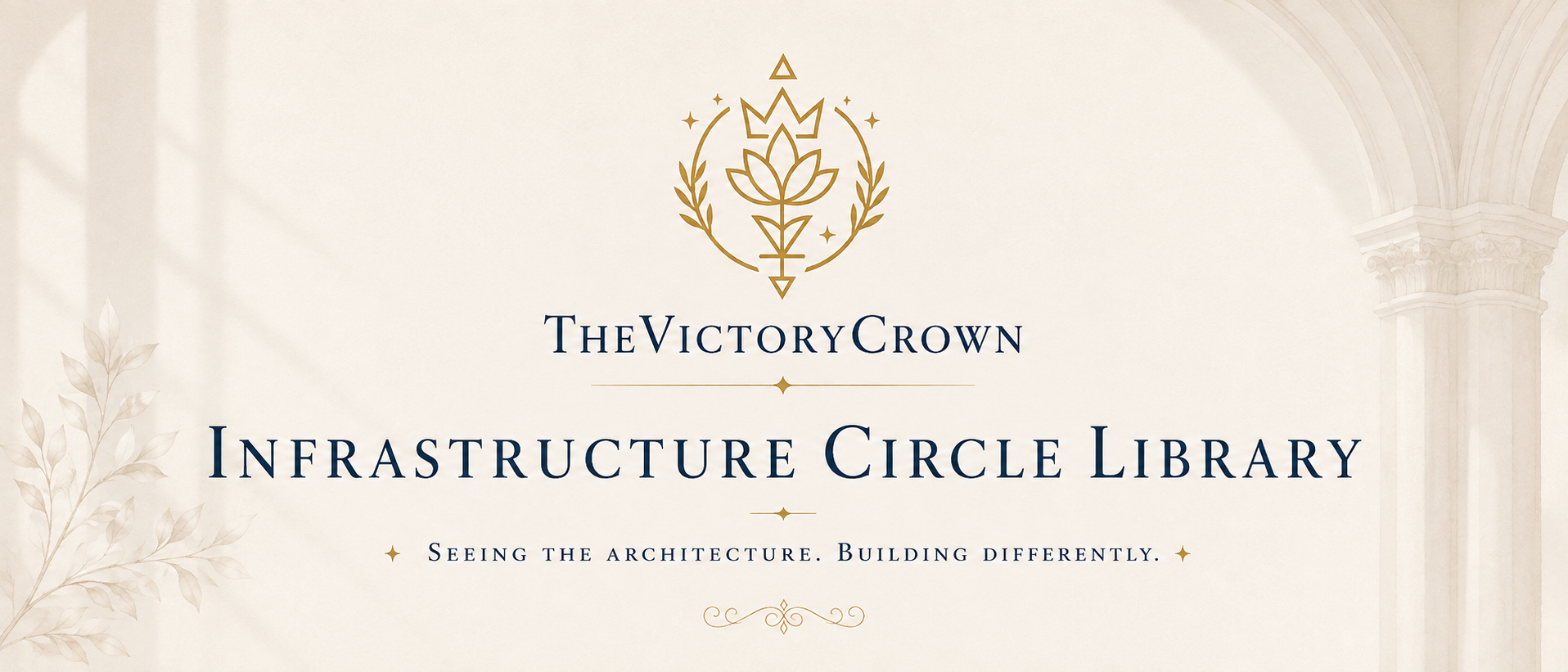 Title slide for the Victory Crown Infrastructure Circle Library, featuring an elegant logo with a crown and lotus flower, and the tagline "Seeing the architecture. Building differently."