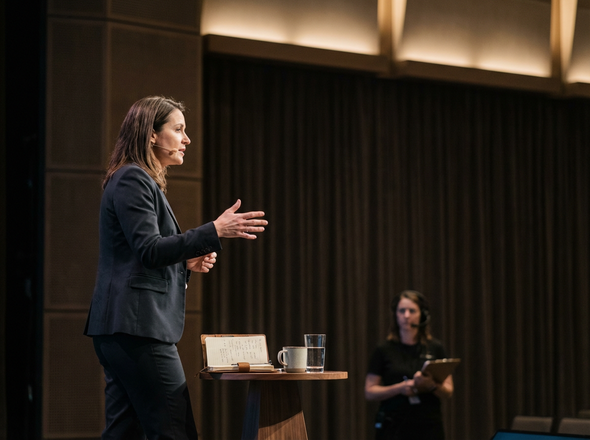 A woman in a black blazer speaking on stage during a presentation, with a table holding a notebook, a glass of water, and a coffee mug. A woman in black with a headset and notepad is standing in the background.