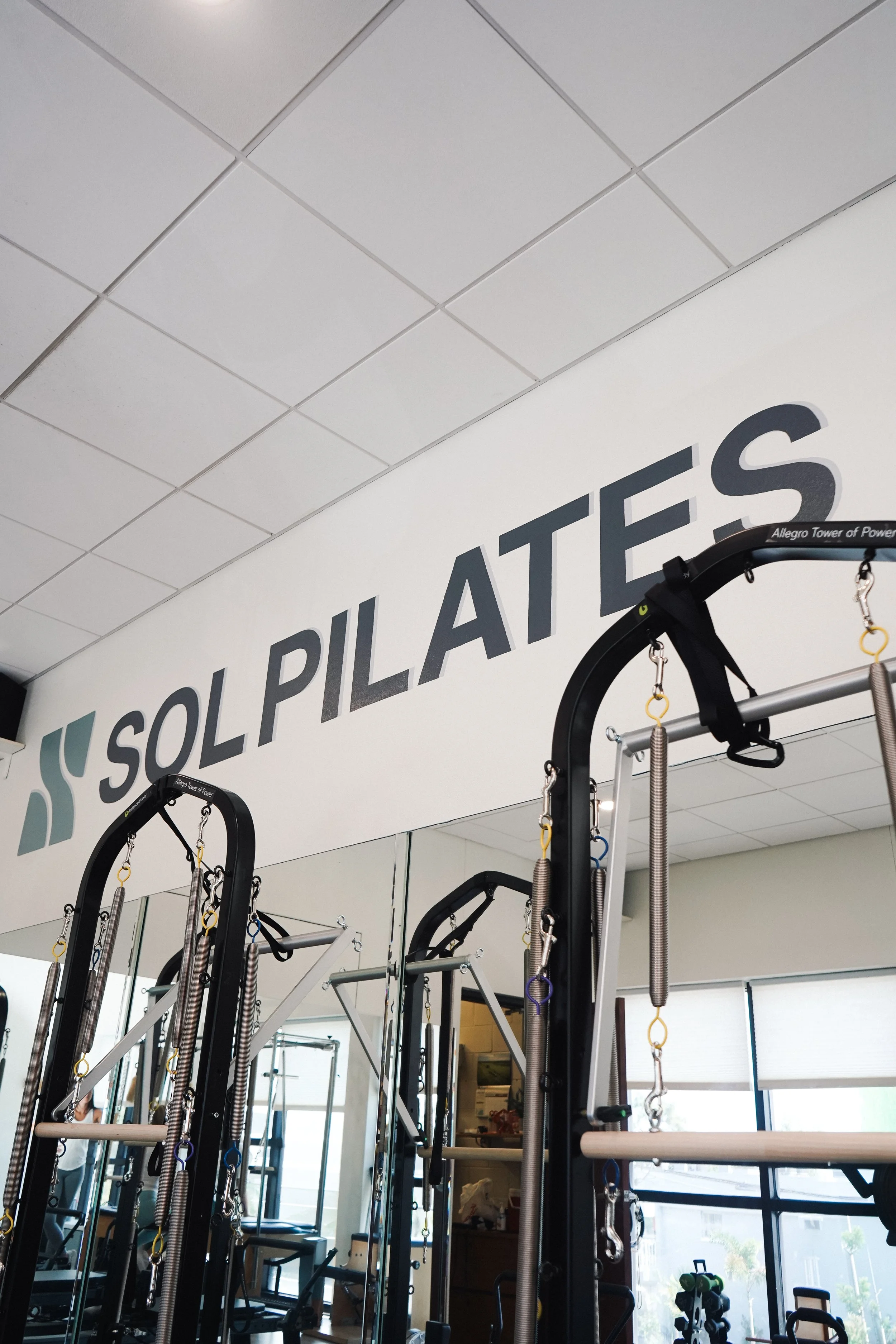 Gym equipment including exercise machines and a pull-up bar in front of a mirror, with a large window and palm trees visible outside.