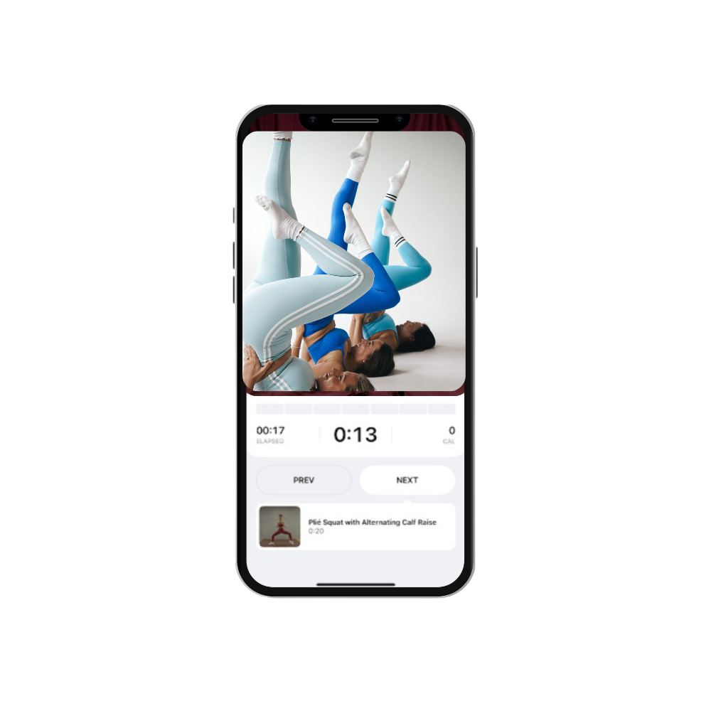 A smartphone screen showing a fitness app with a workout video of women doing leg lifts, and a timer counting down from 20 seconds.