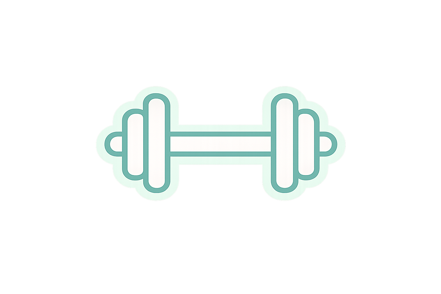 Neon sign of a white dumbbell with light blue accents on a black background with purple and pink light streaks.