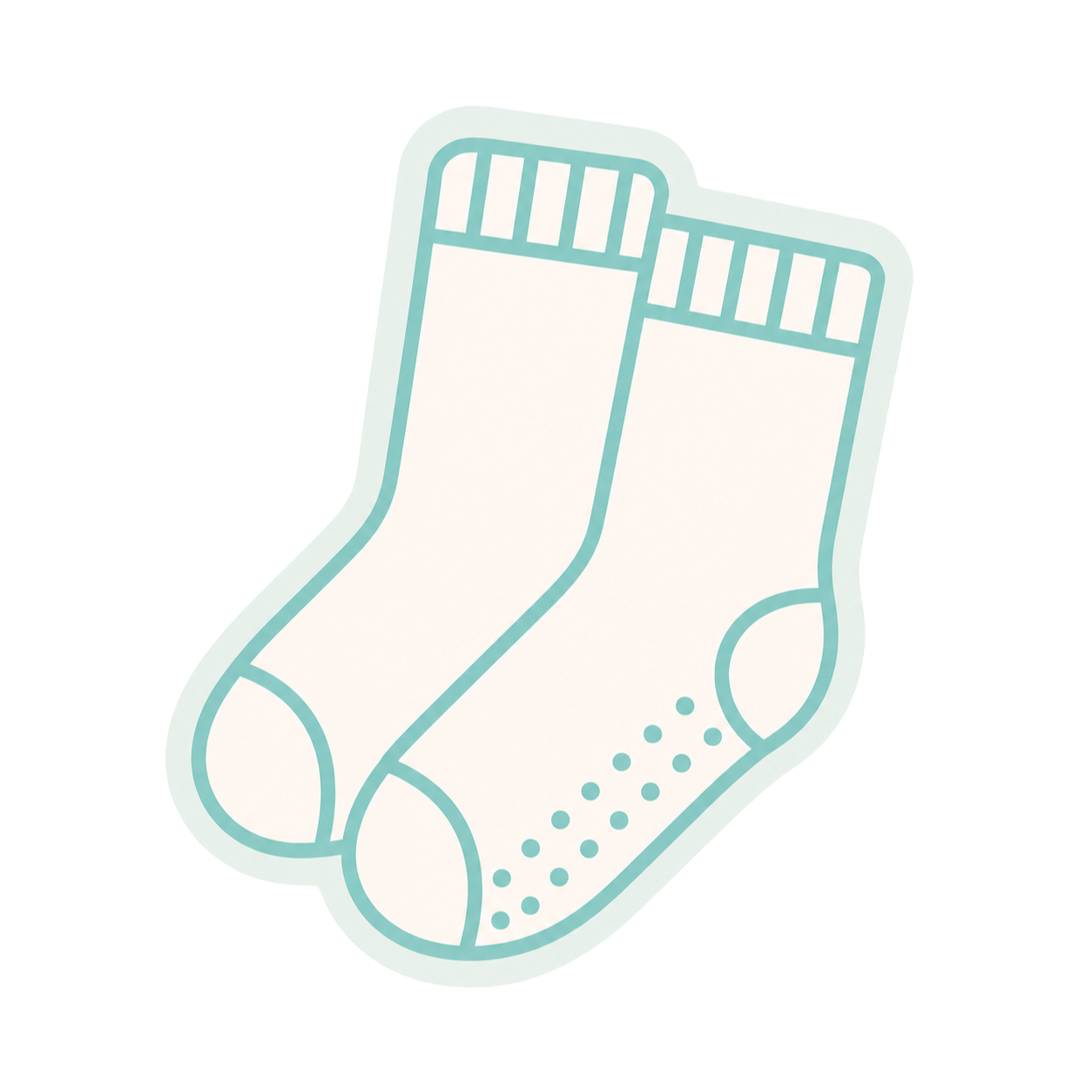 Line drawing of a pair of socks with striped cuffs and dotted pattern near the toes.