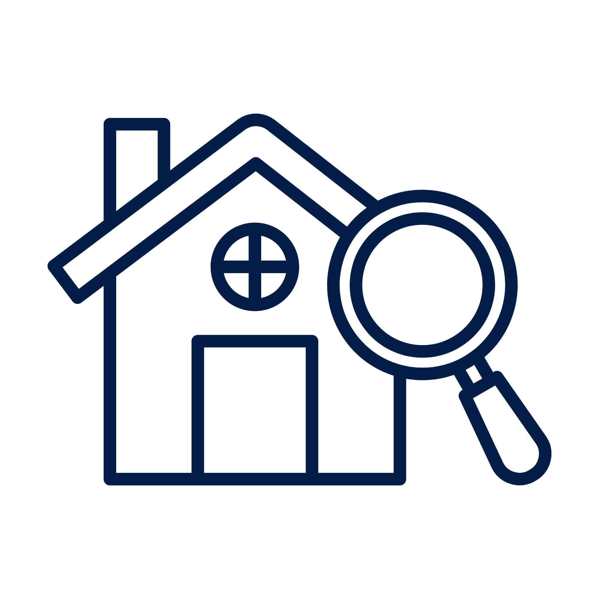 Outline of a house with a wheel, a magnifying glass, and a bar graph inside.