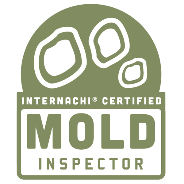 A green and white certification logo stating 'INTERNACHI CERTIFIED MOLD INSPECTOR' with stylized mold spores at the top.