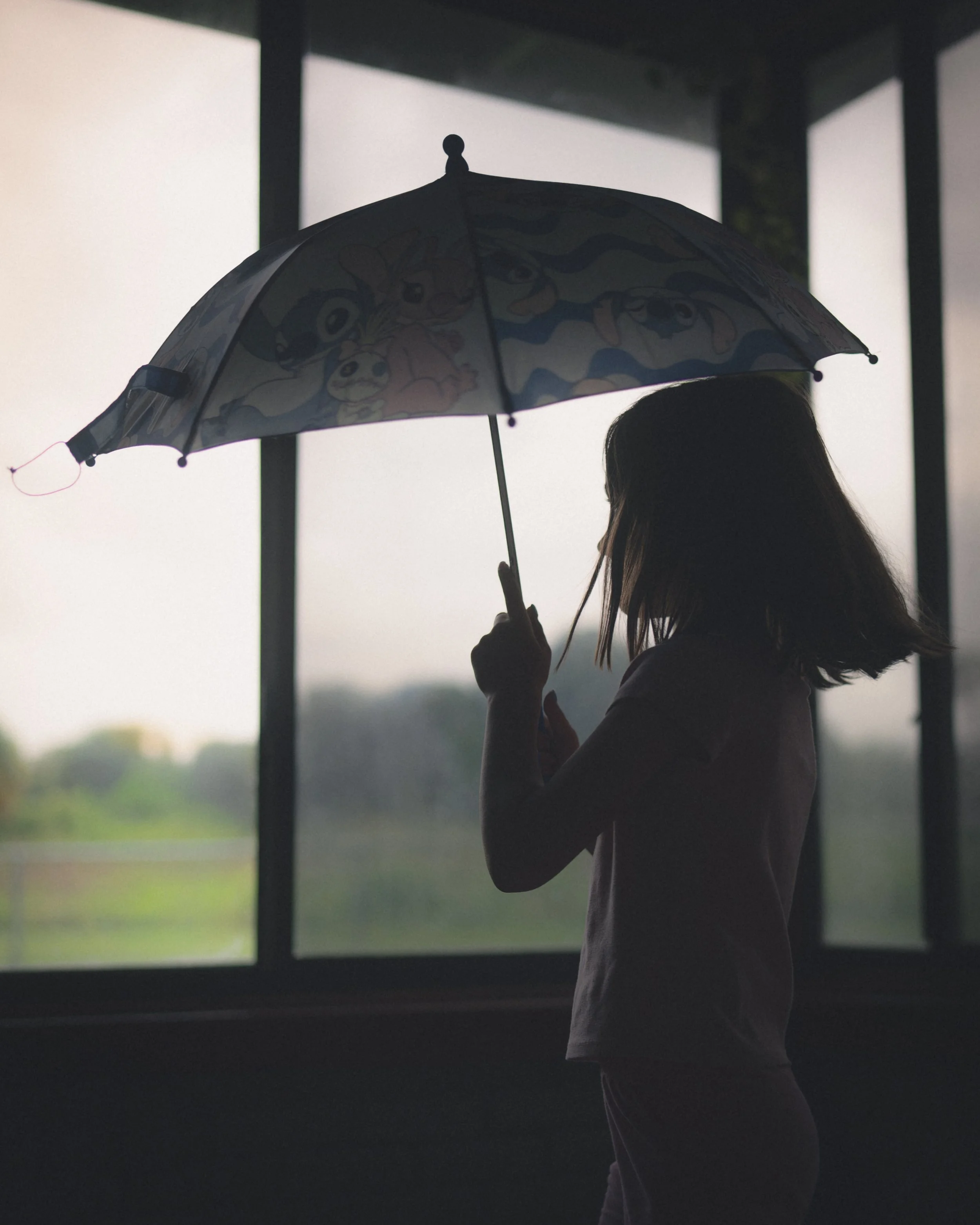 Silhouette of a young girl holding an umbrella inside near a window, with a blurred outdoor landscape visible through the window.