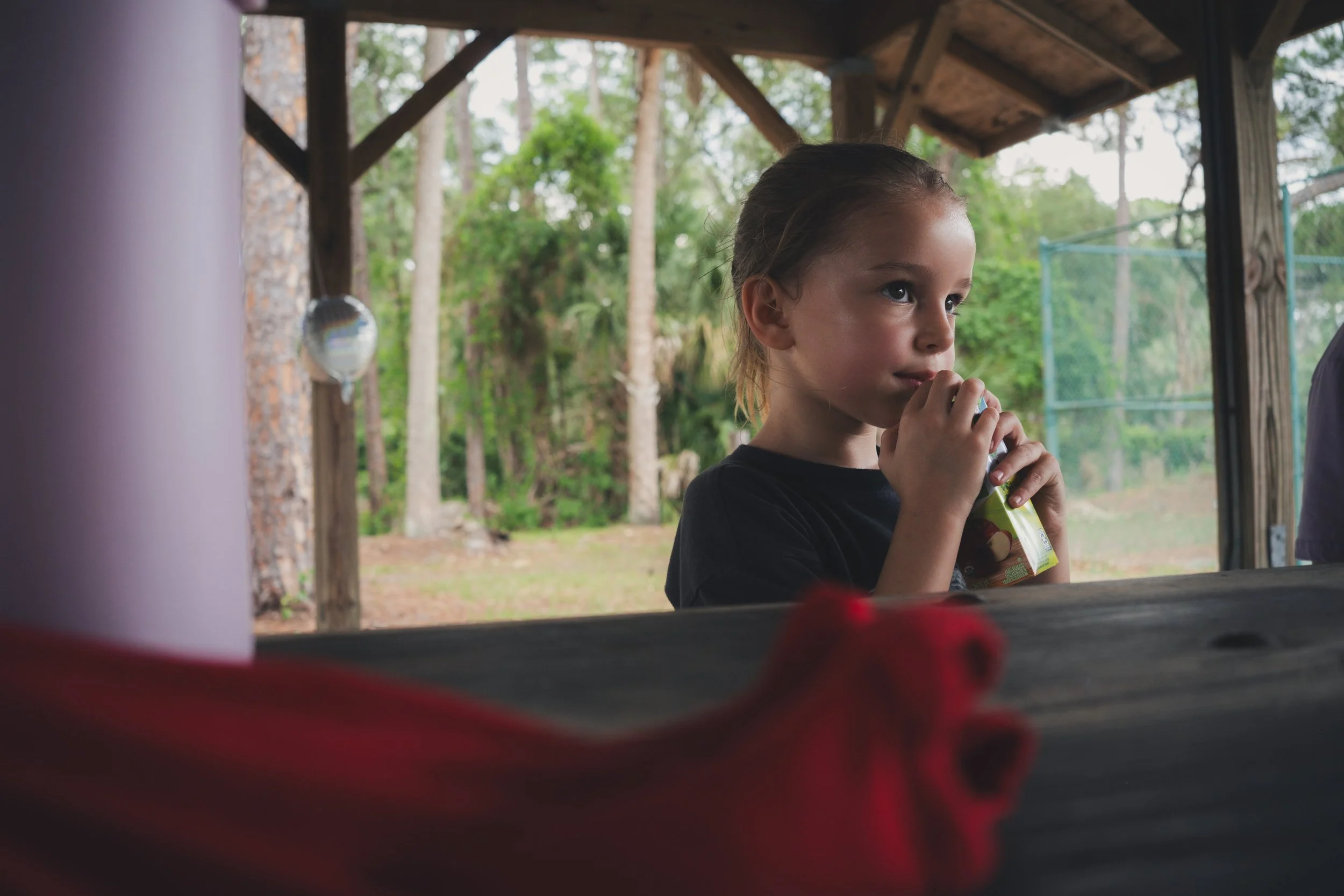 A young girl with brown hair tied back, wearing a black shirt, drinking from a juice box while sitting outdoors under a wooden shelter with trees in the background.