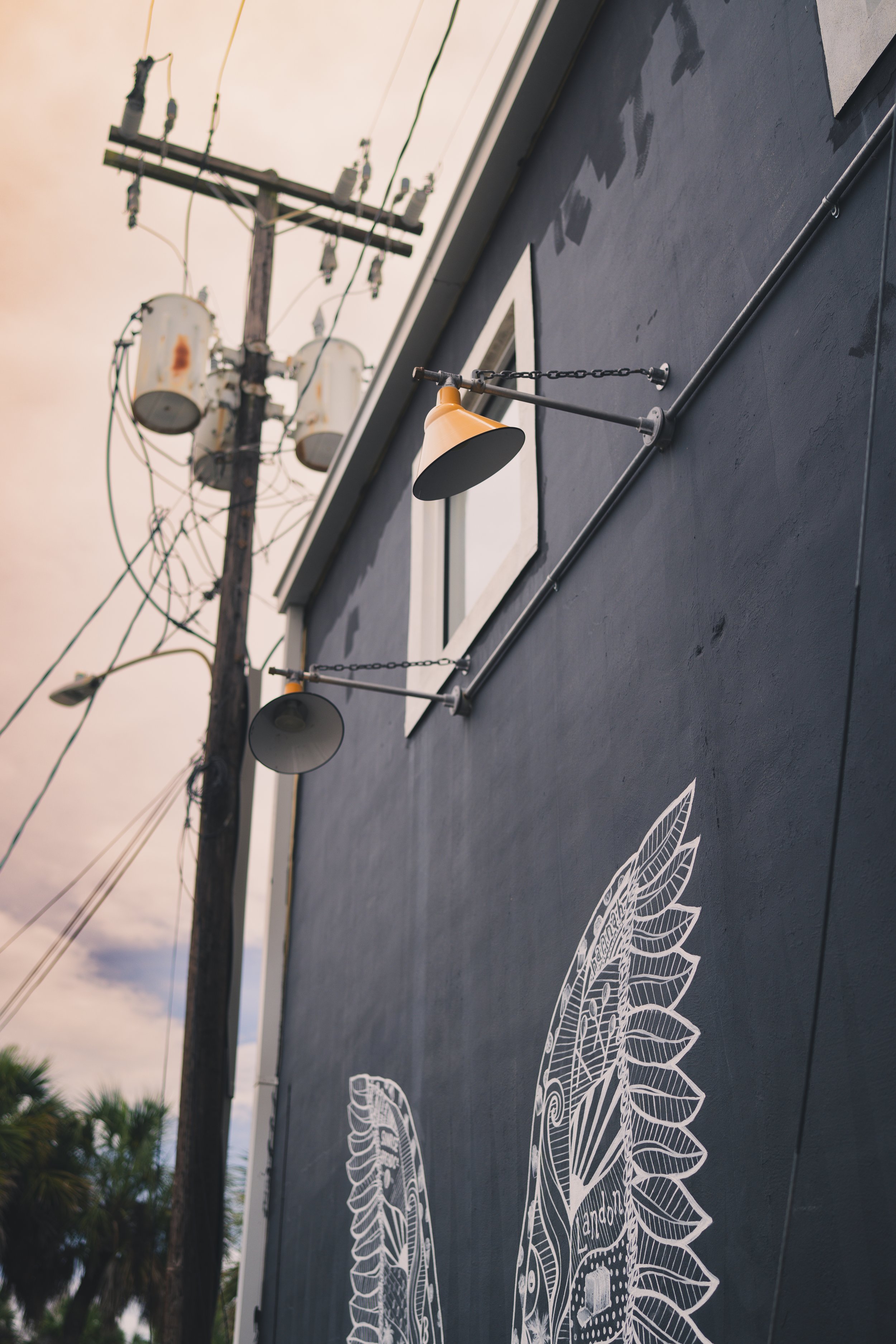 Close-up of a dark gray wall with white leaf and feather designs, orange and black lamps attached to the wall, and an electrical pole with wires in the background, under a partly cloudy sky.