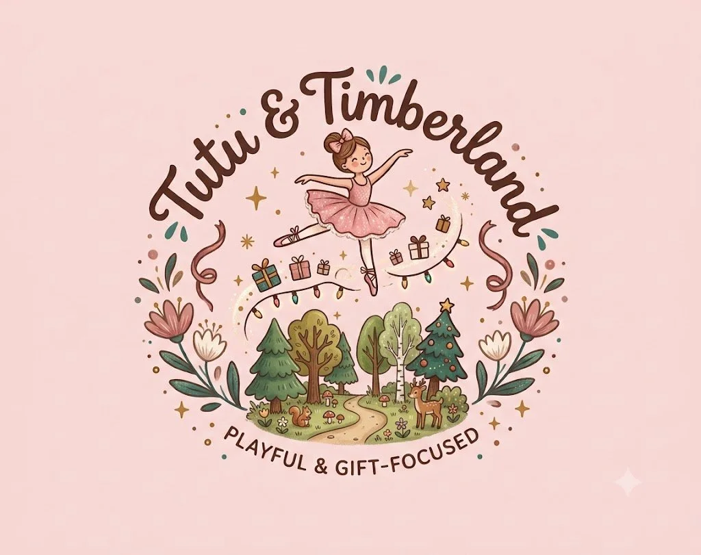 Illustration of a ballerina fairy dancing over a forest with pine trees, deciduous trees, squirrels, and a deer. Surrounding the scene are flowers, stars, ribbons, and gift boxes. The text reads 'Tutu & Timberland' at the top and 'Playful & Gift-Focused' at the bottom.