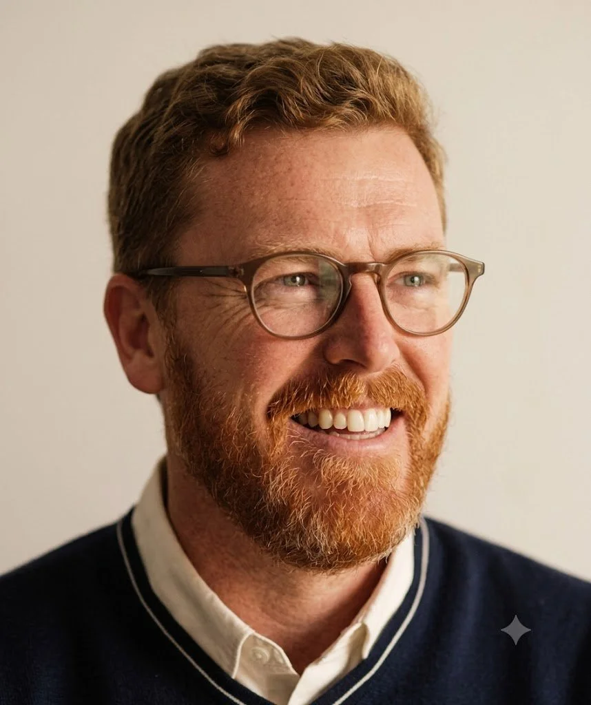 A smiling man with red hair, beard, wearing glasses, a white shirt, and a dark sweater against a plain light background.