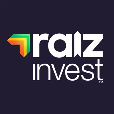 Raiz Invest logo with a multicolored arrow symbol and white text on a dark background