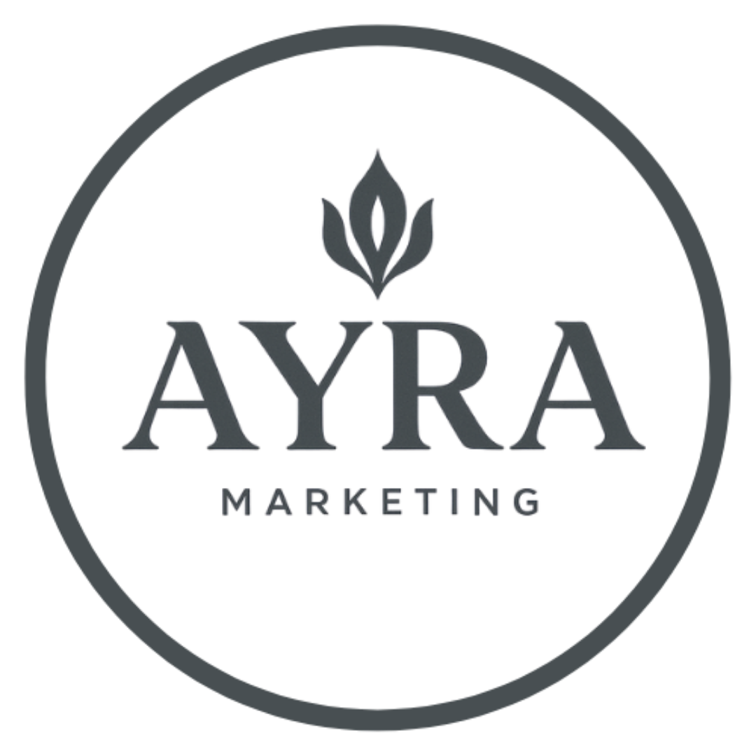 Logo for AYRA Marketing featuring a stylized lotus flower above the 'AYRA' text with 'Marketing' written below.