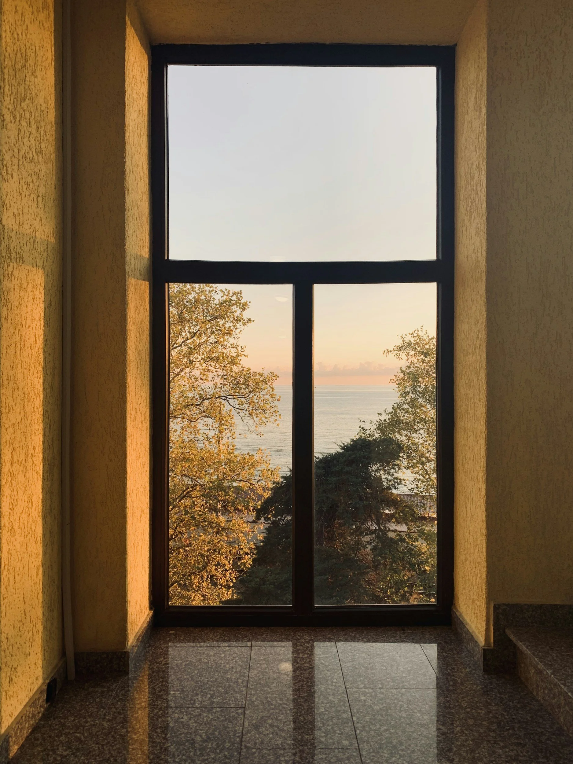 View through a large window showing trees' branches with autumn leaves and a body of water at sunset.