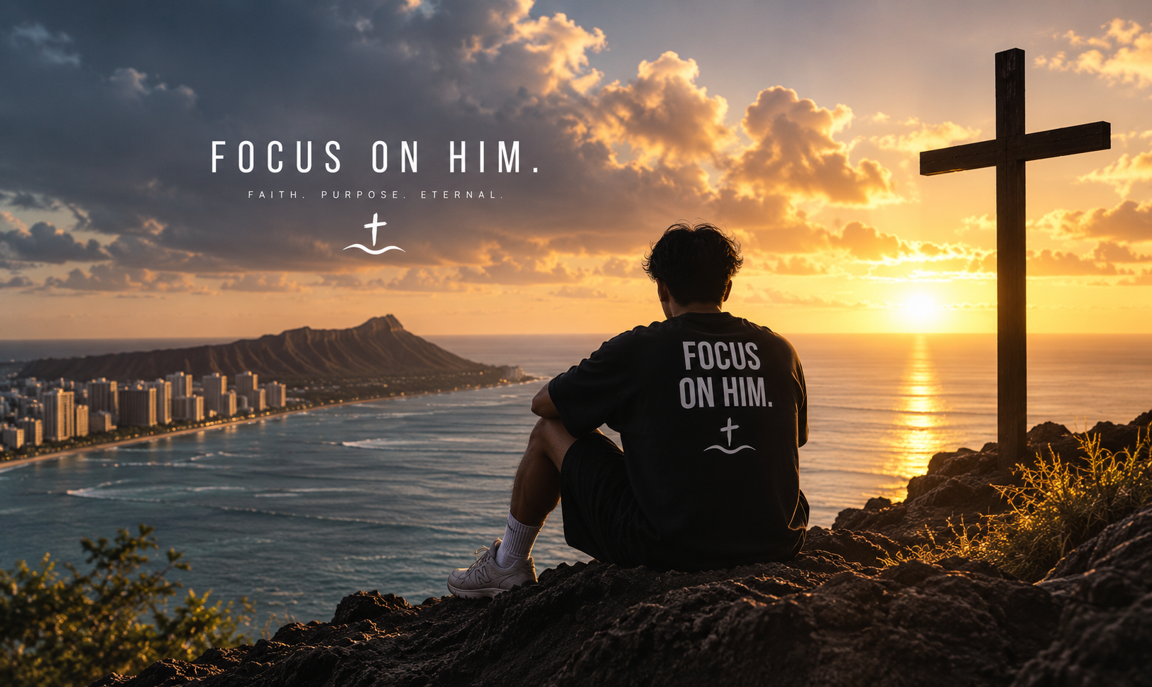 A young man sitting on a rocky cliff overlooking the beach and city at sunset, with a cross next to him and the text 'FOCUS ON HIM.' on his shirt and in the sky.