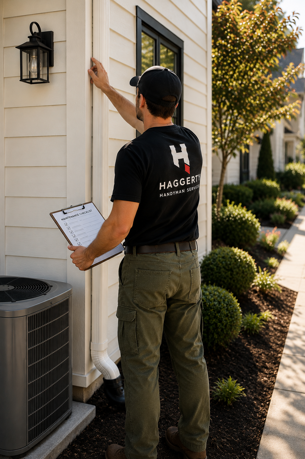 A handyman in a black t-shirt with 'Haggerty Handyman Service' printed on the back holds a clipboard with a maintenance checklist written on it, standing outside near a white residential house, with greenery and a window visible in the background.