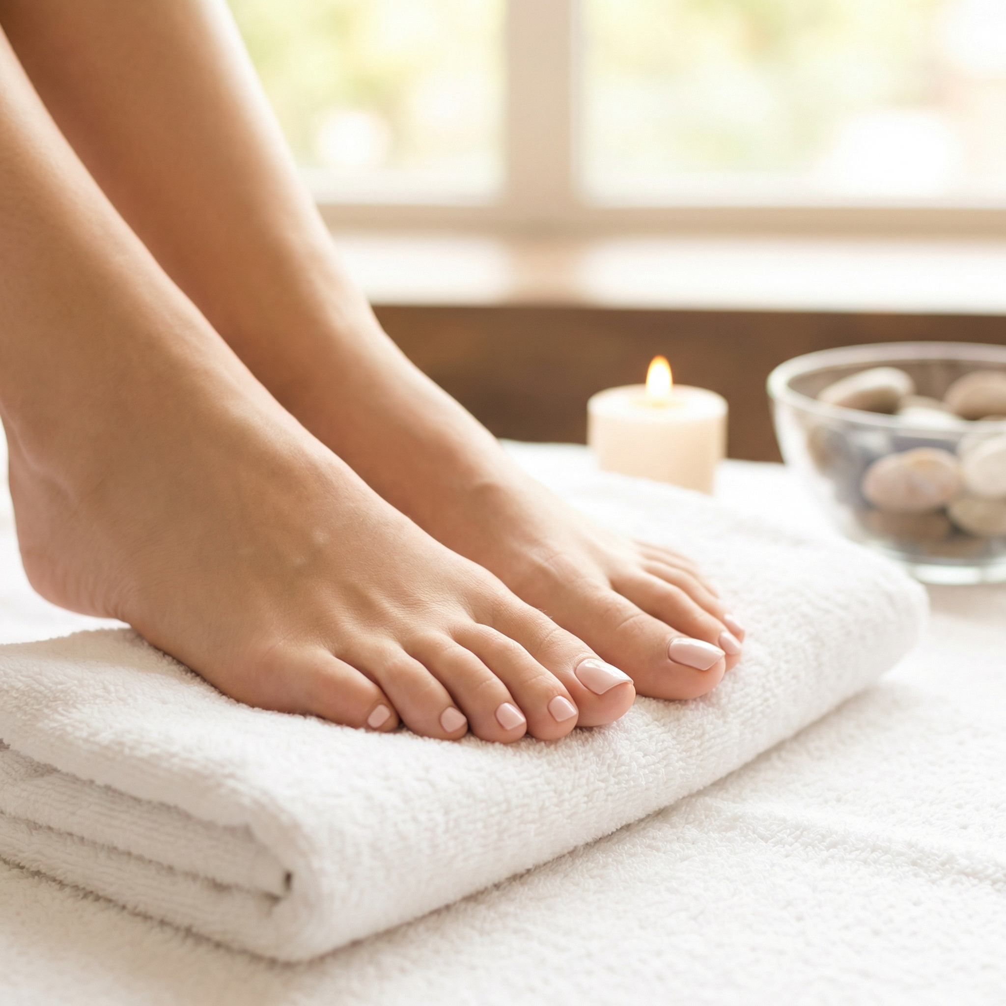 Close-up of a person's hand receiving a massage, with a softly lit background and candles.