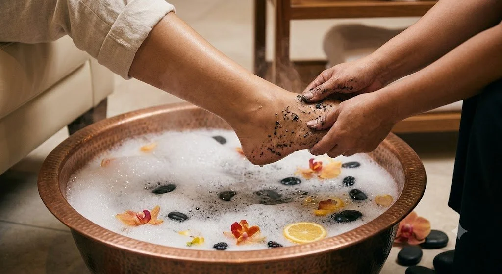 A person receiving a foot massage in a bubble bath with flowers, lemon slices, and black stones for spa relaxation.