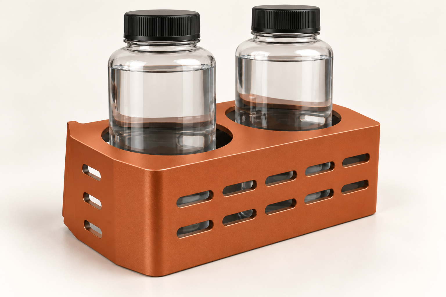 Burnt-orange G550 bolt-on bottle holder prototype pictured with Nalgene bottles