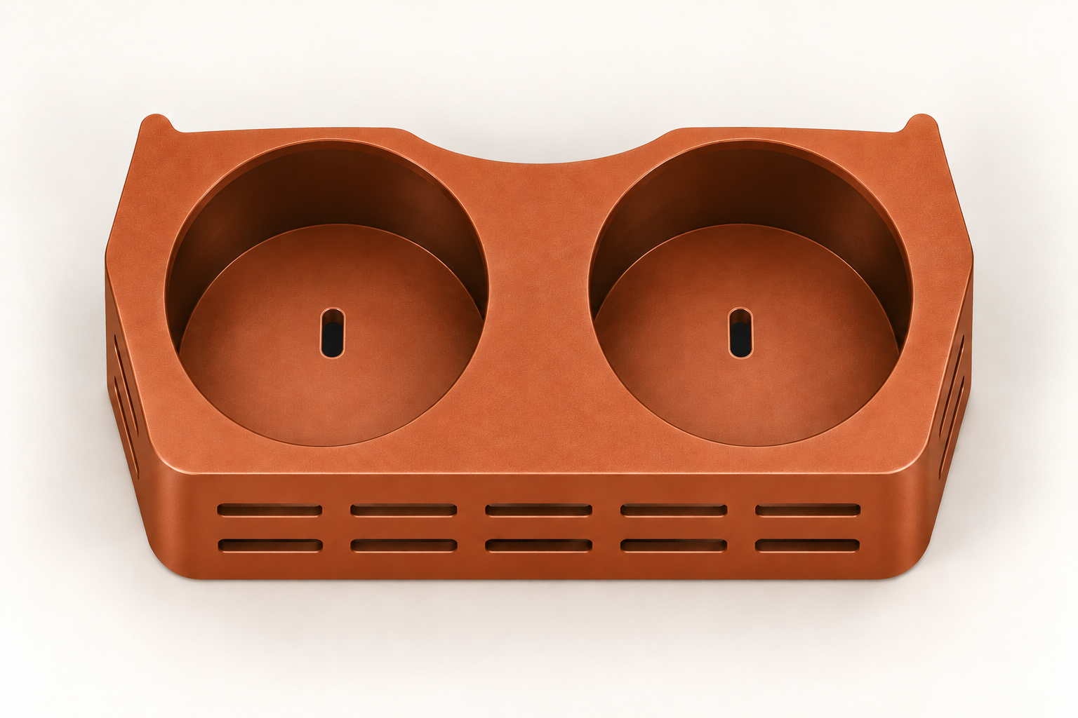 Top view of the G550 bottle holder prototype showing two factory mounting slots in the lower plate