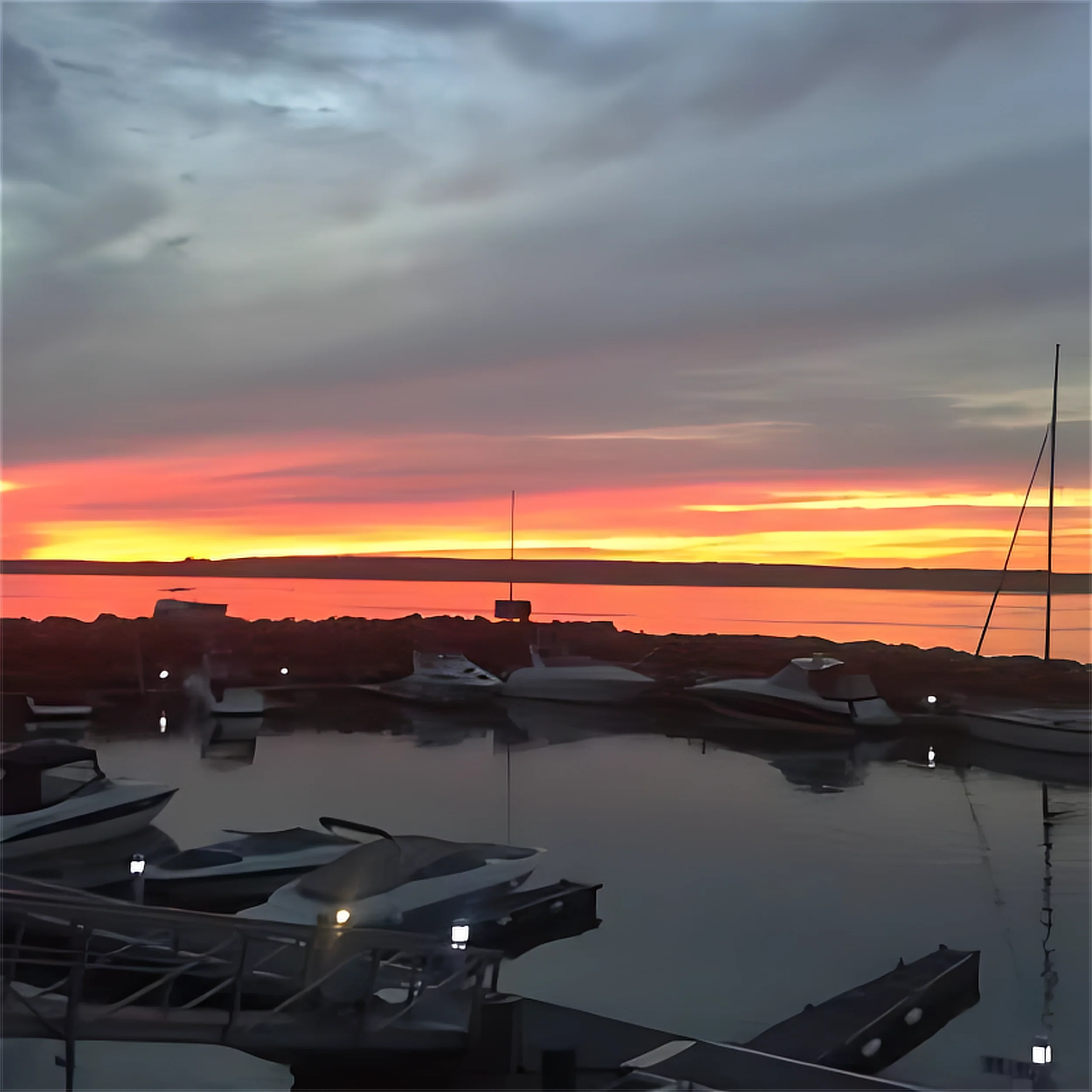 Ciel nuageux au coucher du soleil au-dessus d'un port avec des bateaux amarrés.