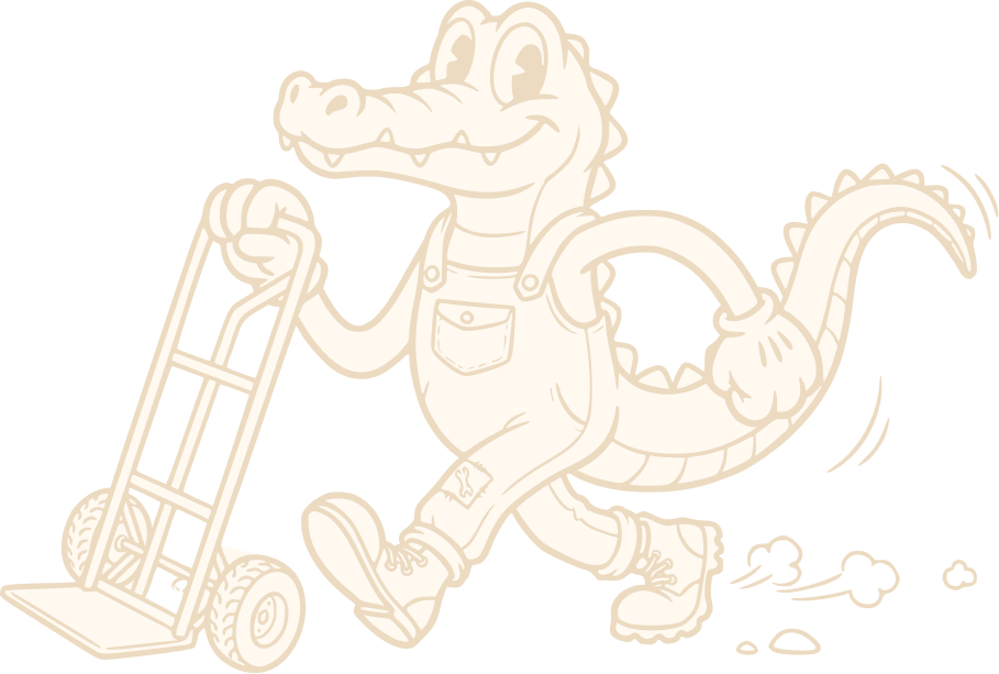 Cartoon crocodile wearing overalls and boots, pushing a hand truck.