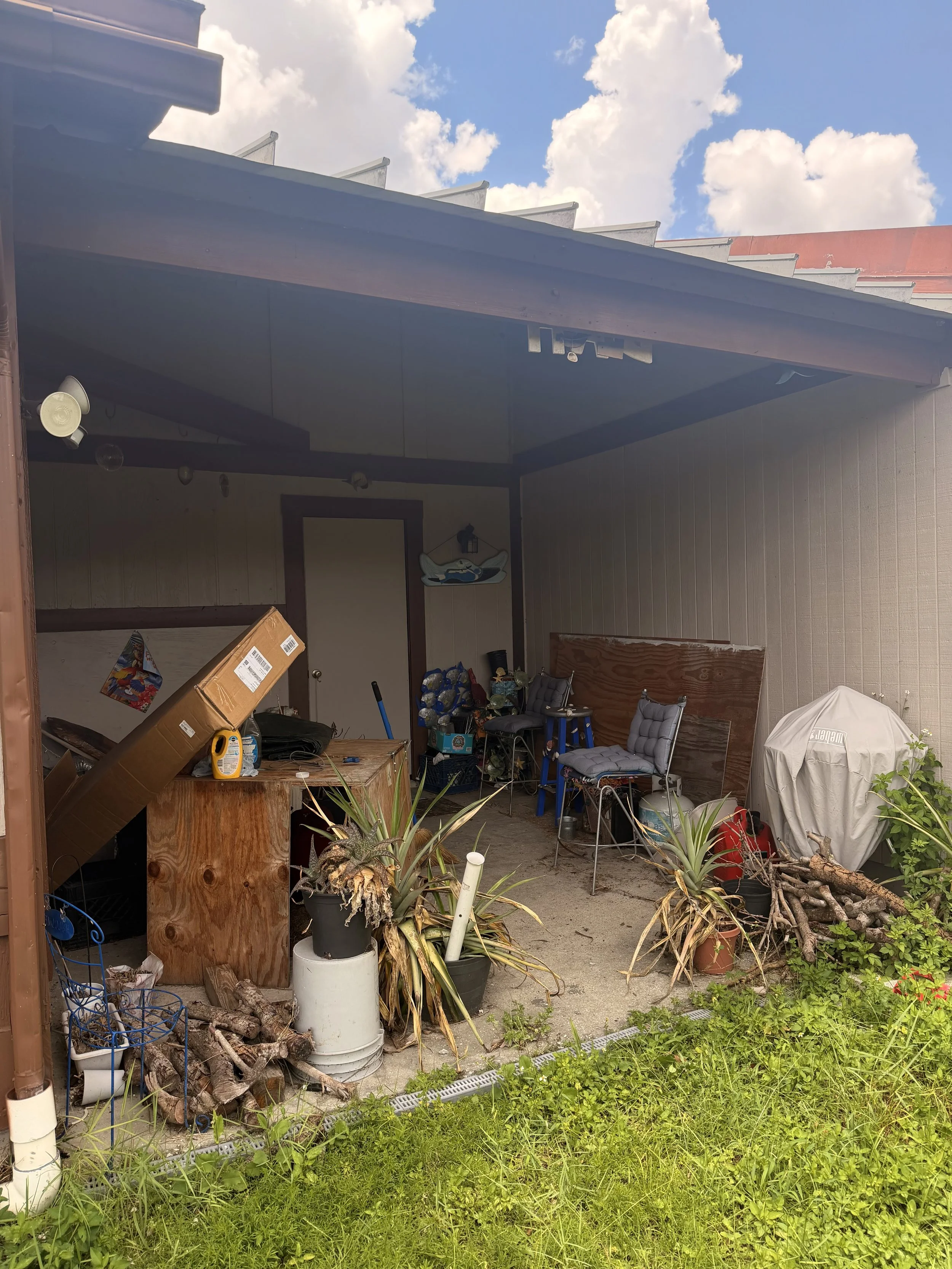 Before photo of a porch and backyard cleanout in Orlando, FL showing unwanted furniture, yard debris, plants, and household junk before removal.