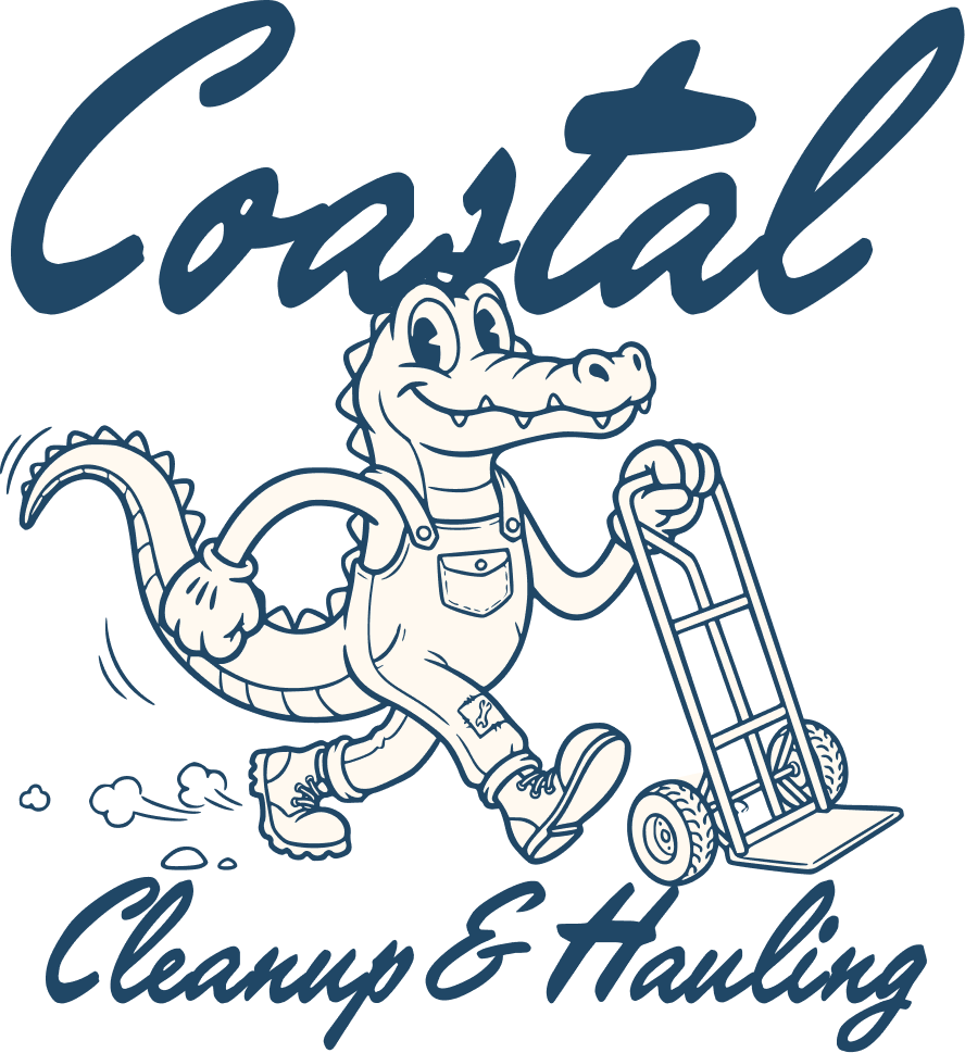 A cartoon alligator wearing overalls and boots, pulling a hand truck with cleaning supplies, with the words 'Coastal Cleanups & Hauling' written above and below.