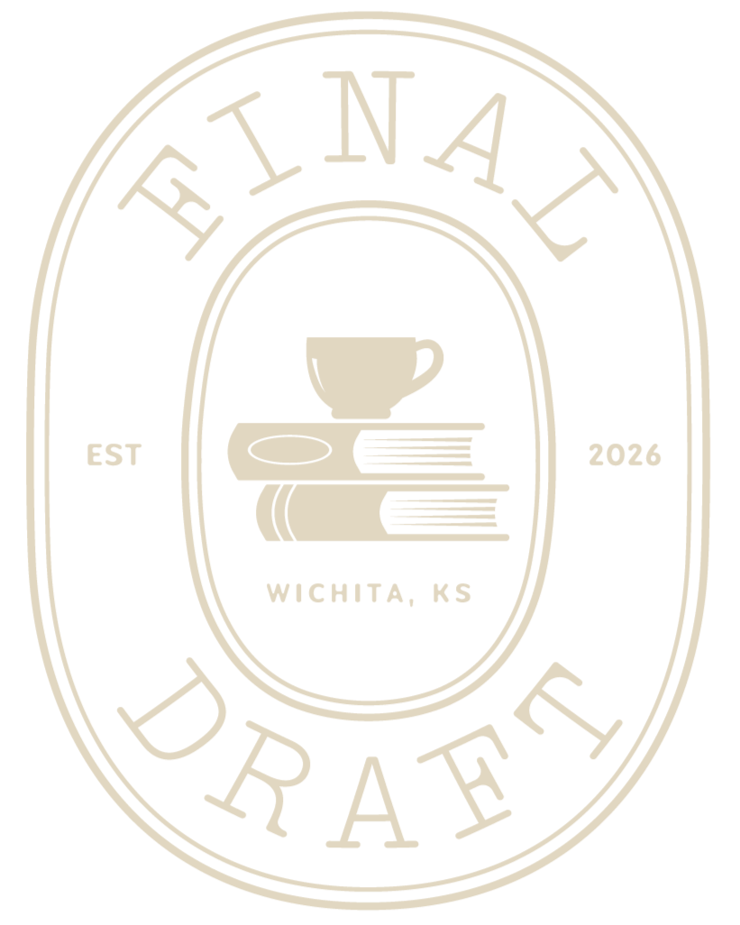 Oval badge logo for Final Draft bookstore, coffee shop and bar