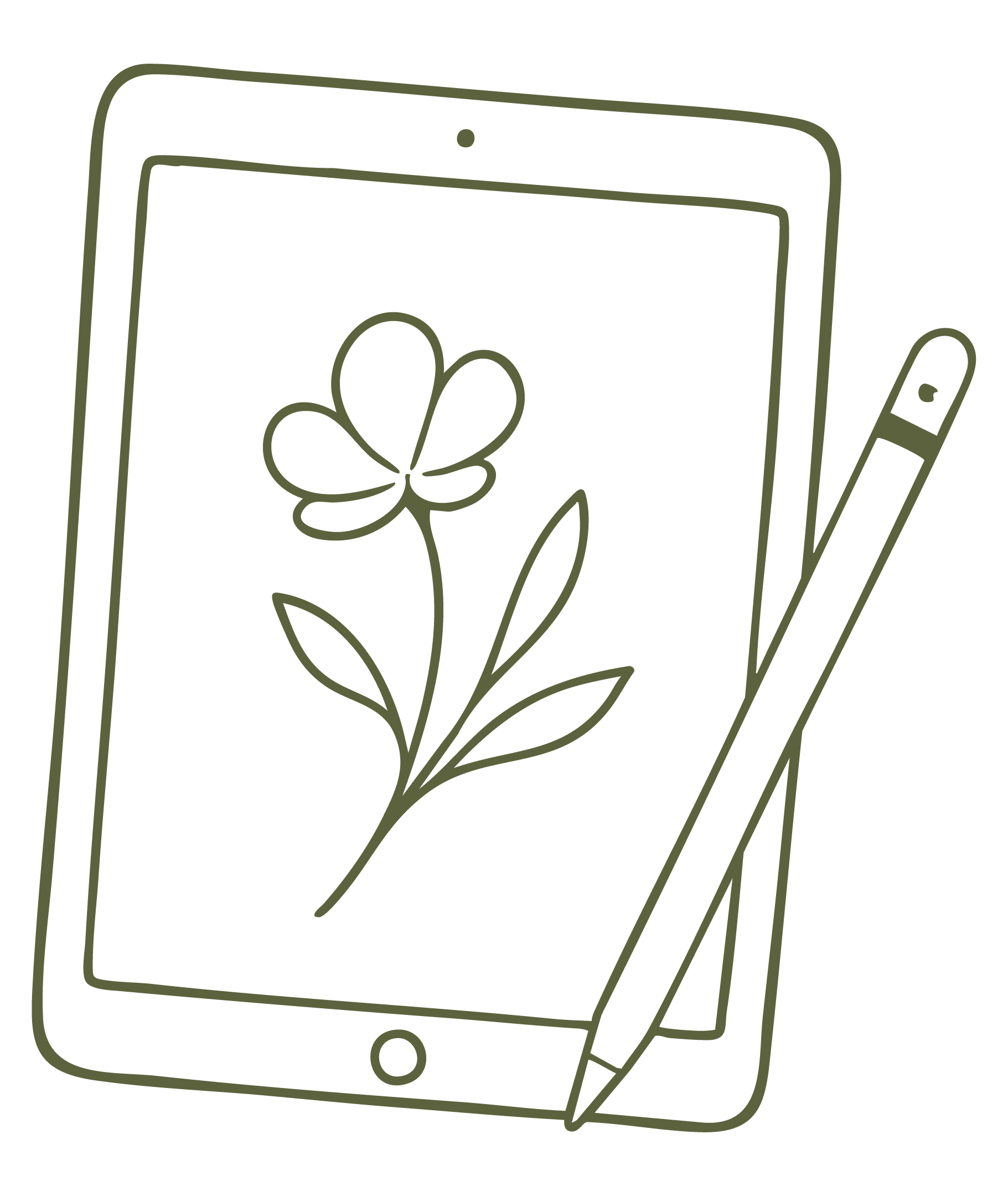 Outline illustration of an ipad with a flower inside the screen, accompanied by an Apple Pencil on the side.
