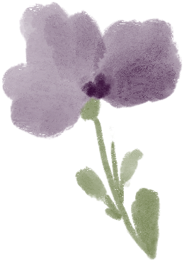 A watercolor illustration by Jasmine Green of a purple flower with green leaves.