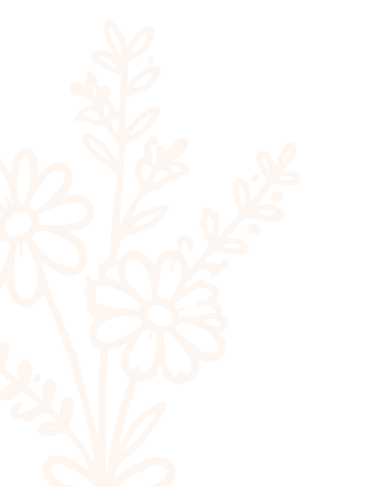 White outline of flowers and leaves on a black background.
