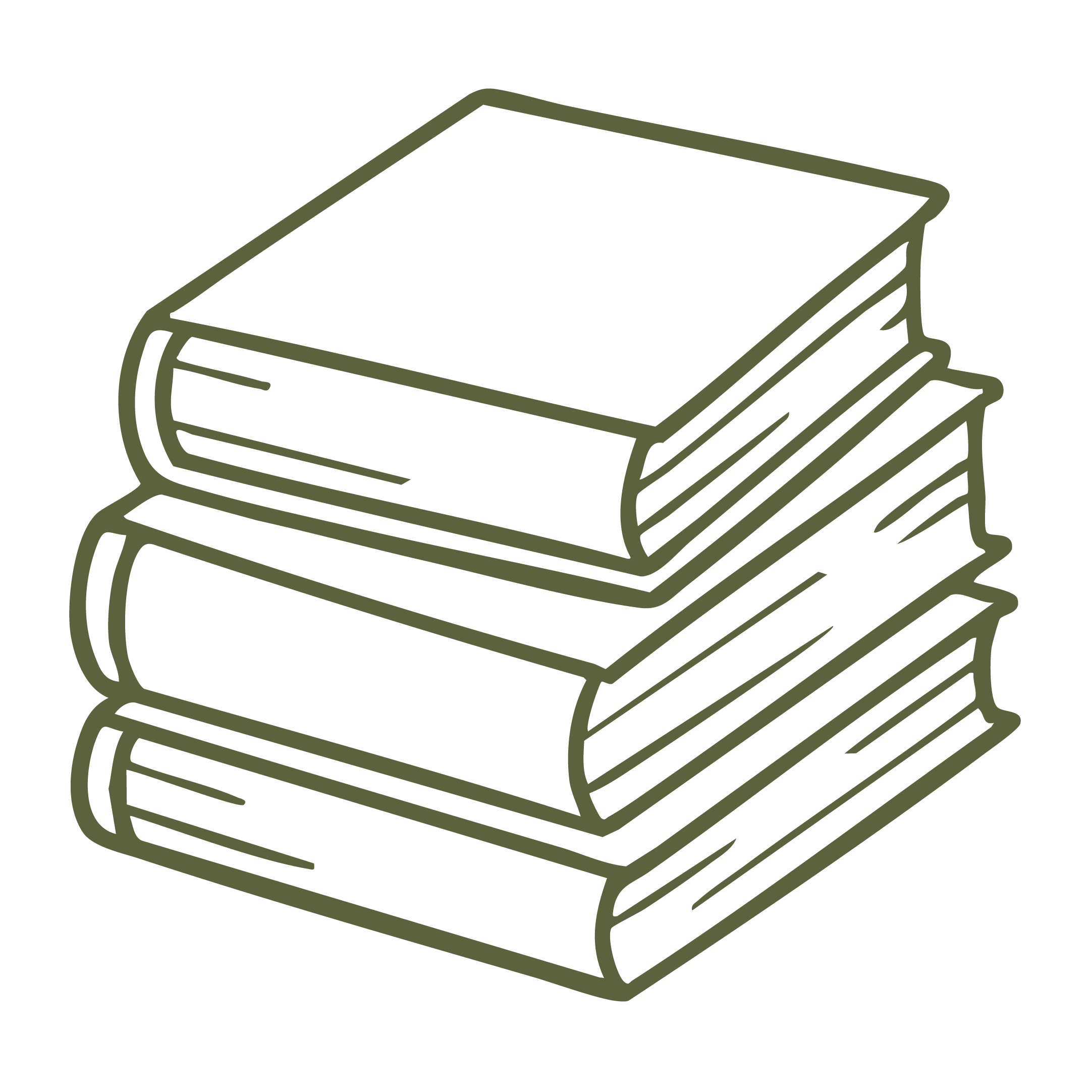 Line drawing of a stack of books with a pen lying on top.